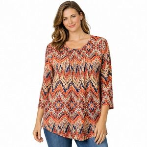 Xieerduo Blouse Womens Small Orange Blue Ikat Chevron Pleated 3/4 Sleeve Top